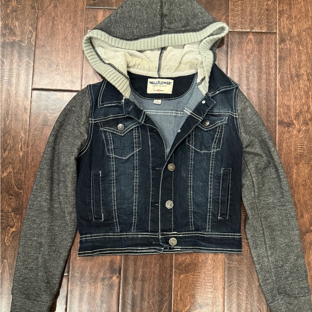 Wallflower Denim Jacket with Gray Sleeves and Hood